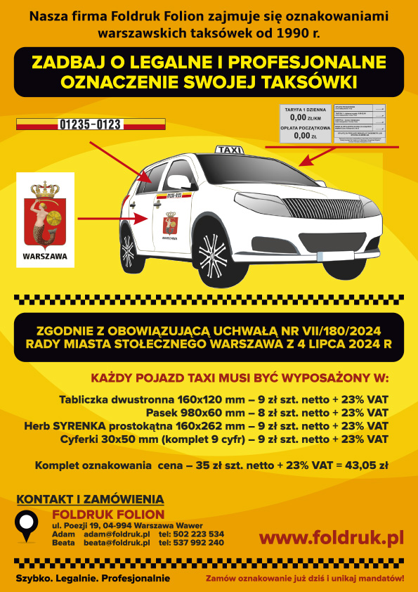 Legalne oznakowanie taksówki Warszawa